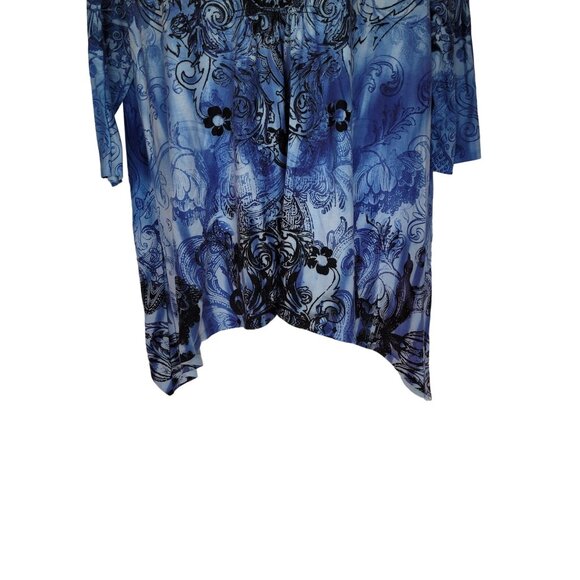 Simply Emma Tunic Top 2X Blue Black Beaded Crochet Neckline Empire Waist 3/4 Sle - Picture 3 of 6